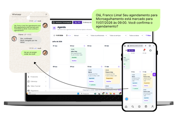 Agenda Zvest aberta em notebook, celular e WhatsApp
